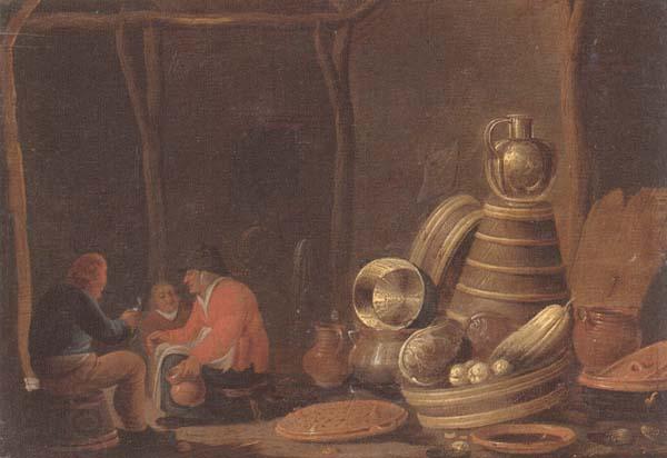Jan Spanjaert A barn interor with peasants drinking and smoking beside a collection of kitchen utensils